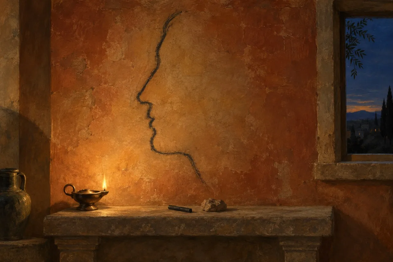 Parede de reboco iluminada por uma lamparina, com o contorno de um perfil traçado a carvão e uma janela aberta para o anoitecer.