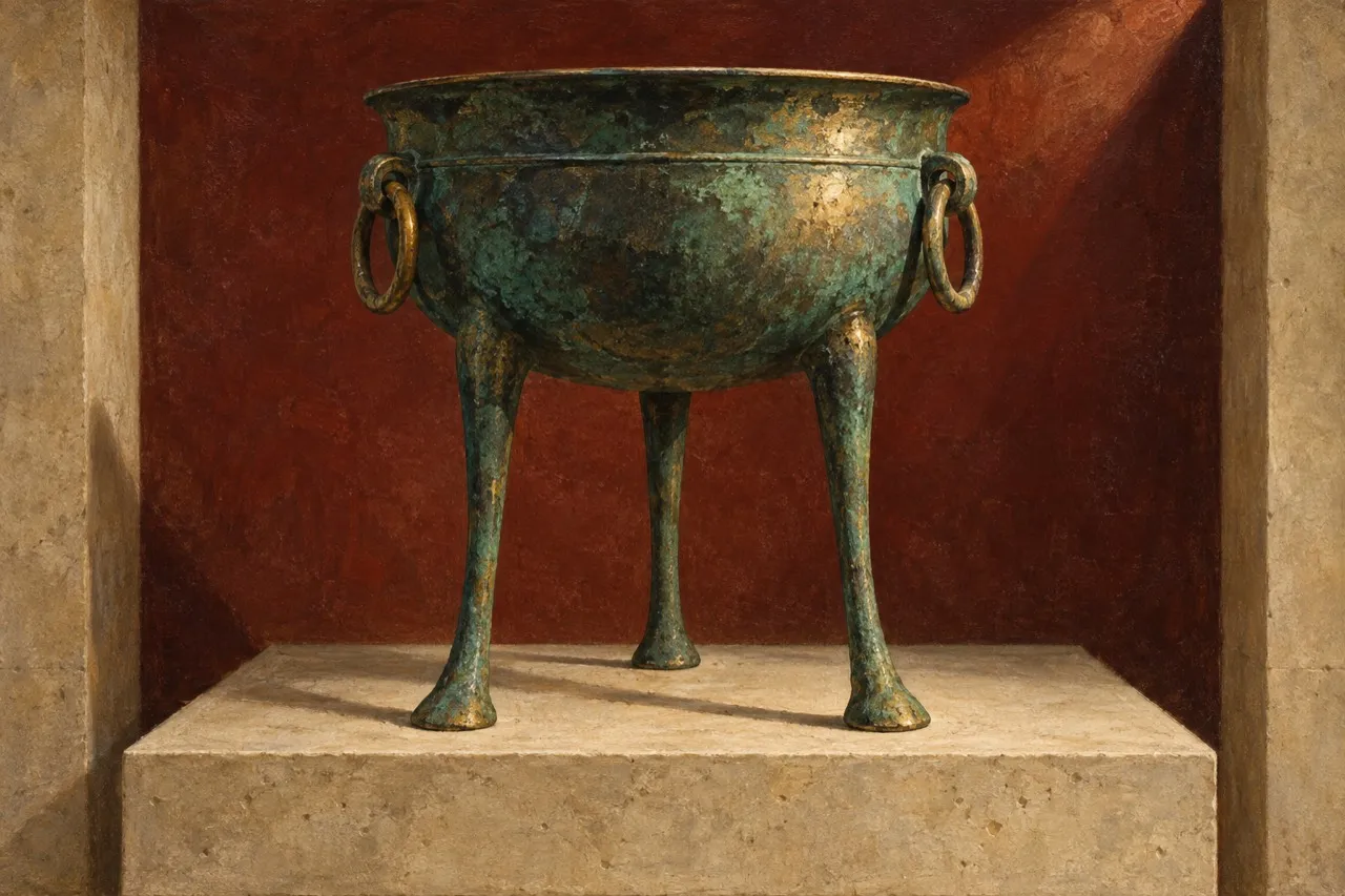 Vaso de bronze apoiado em três pernas finas sobre um bloco de pedra, diante de uma parede escura.