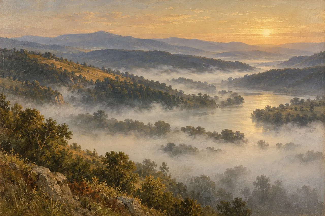 Vale ao amanhecer, com névoa baixa entre as colinas e um rio que reflete o sol.
