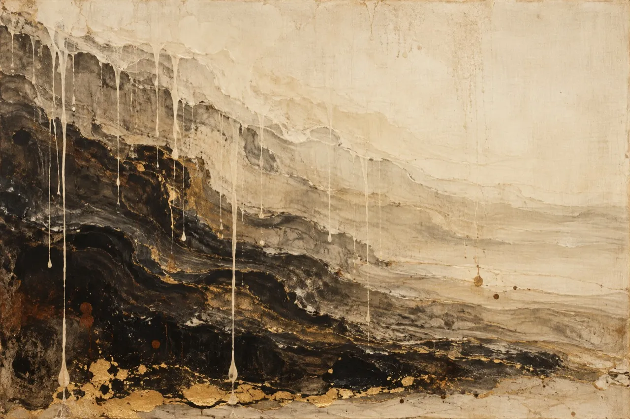 Pintura abstrata feita de camadas de tinta vertida que escorrem umas sobre as outras até assentar no lado direito da tela.